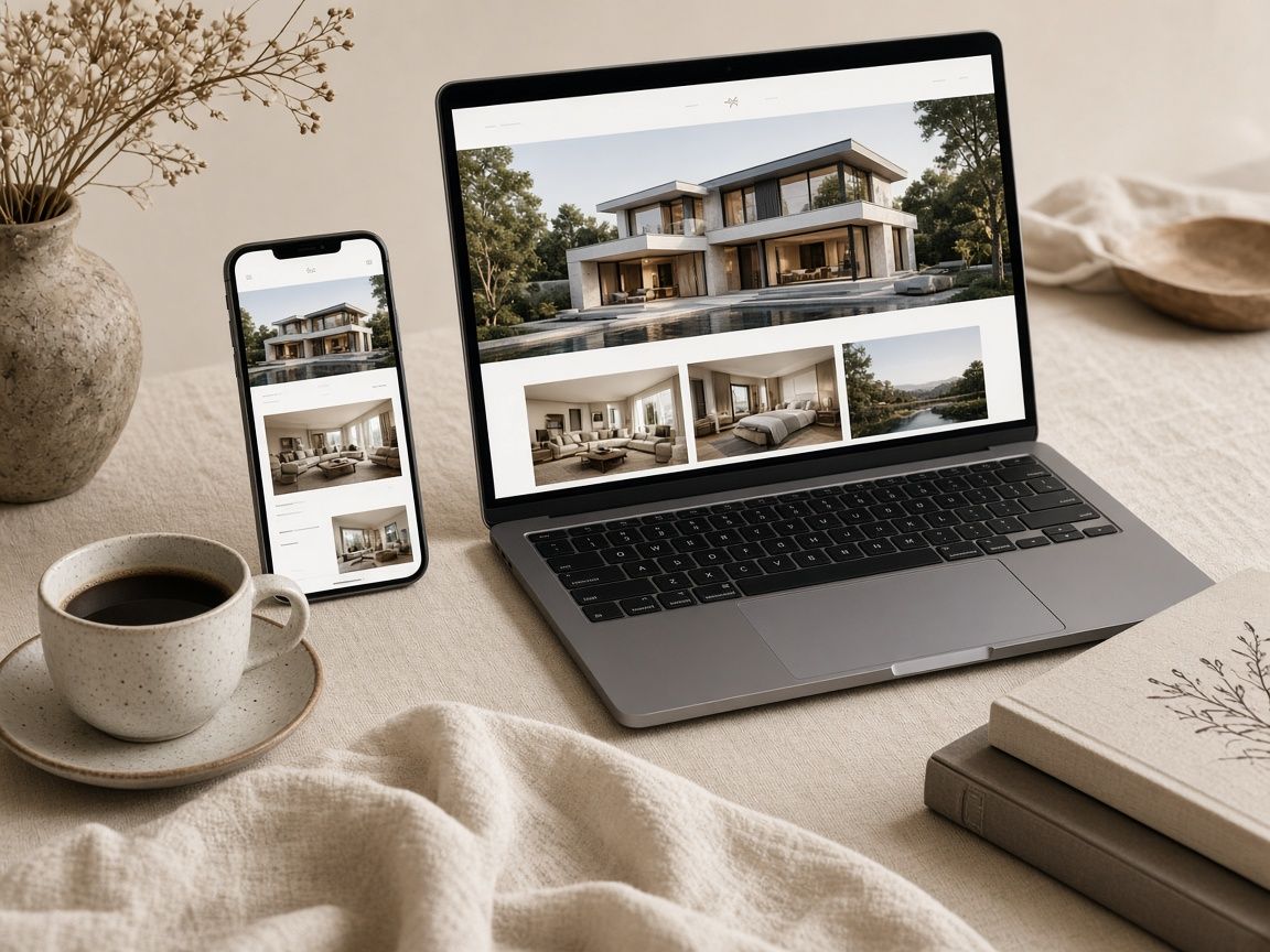 Laptop and phone on a linen-covered desk showing a real estate website with a modern home, beside a coffee cup and dried flowers