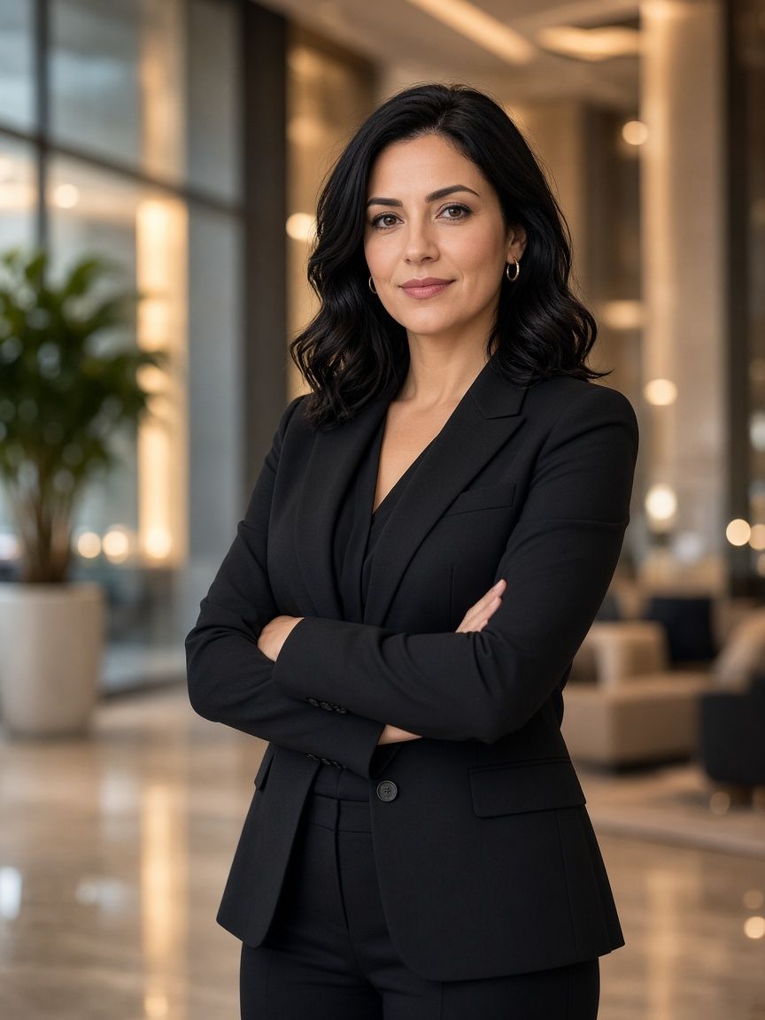 Portrait of Celeste Varga, fictional demo agent, arms crossed in a black suit in a marble building lobby