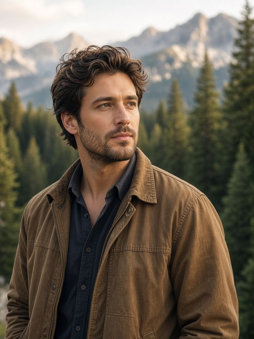 Portrait of Rowan Brightwater, fictional demo agent, in a canvas jacket with pine forest and mountains behind