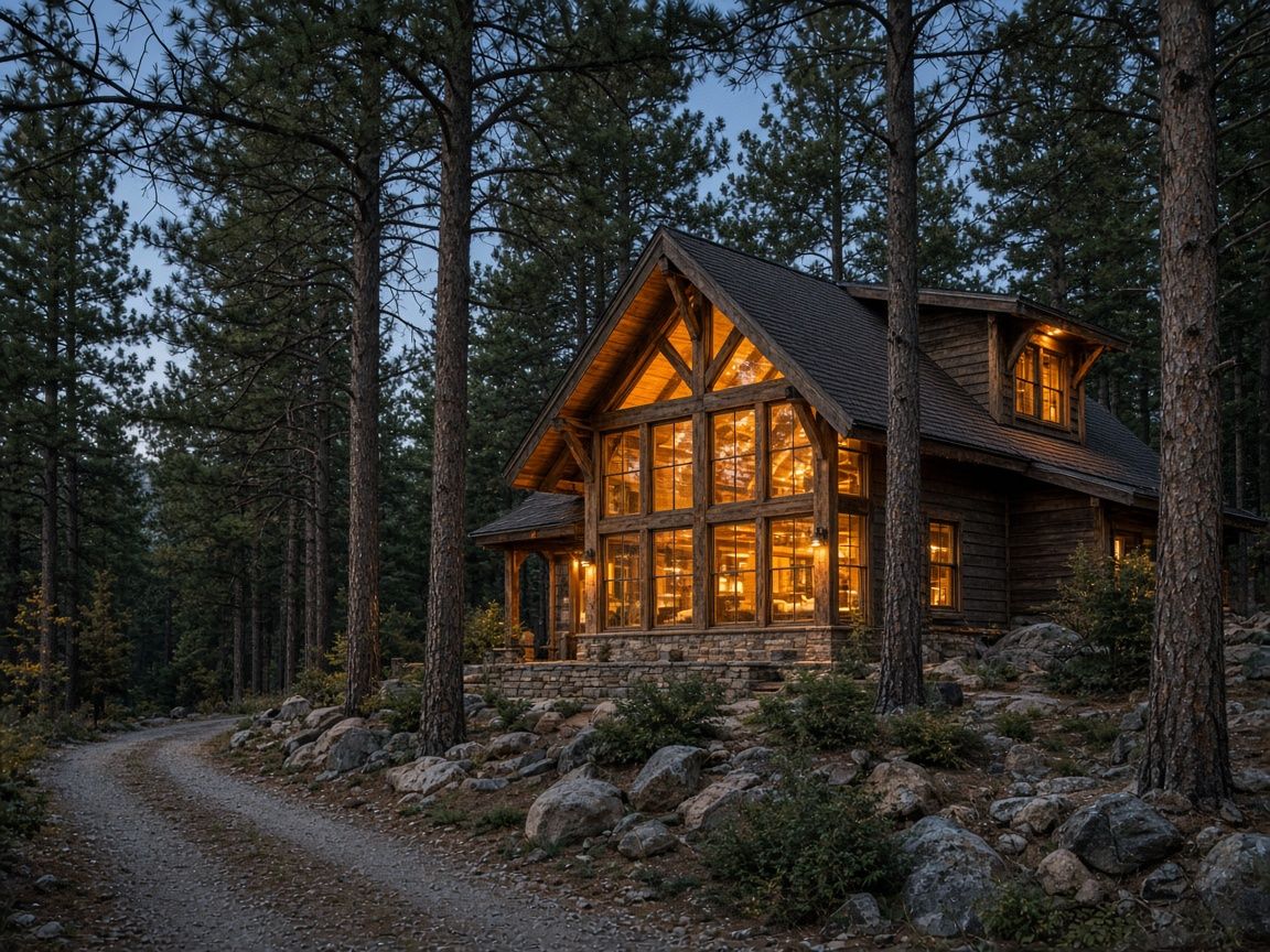 Timber-frame cabin with tall glowing windows among ponderosa pines at dusk, a gravel drive curving past boulders