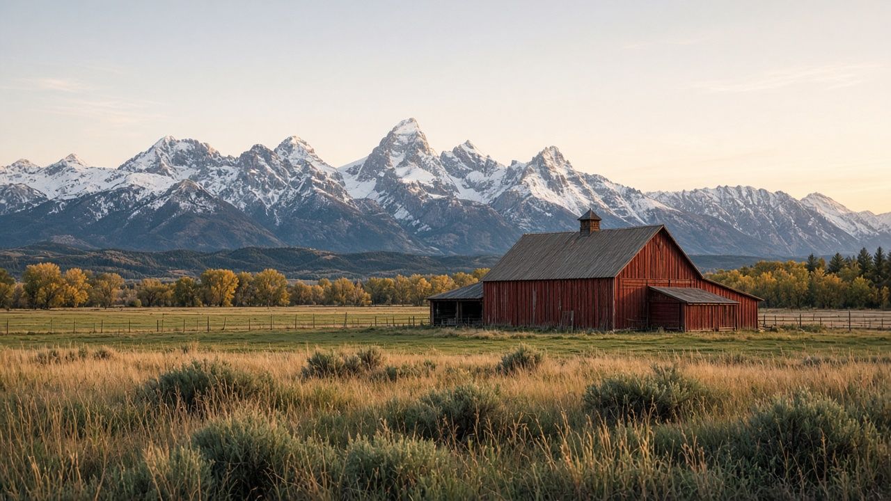 Red wooden barn in a golden meadow with fenced pasture and snow-capped mountain peaks behind