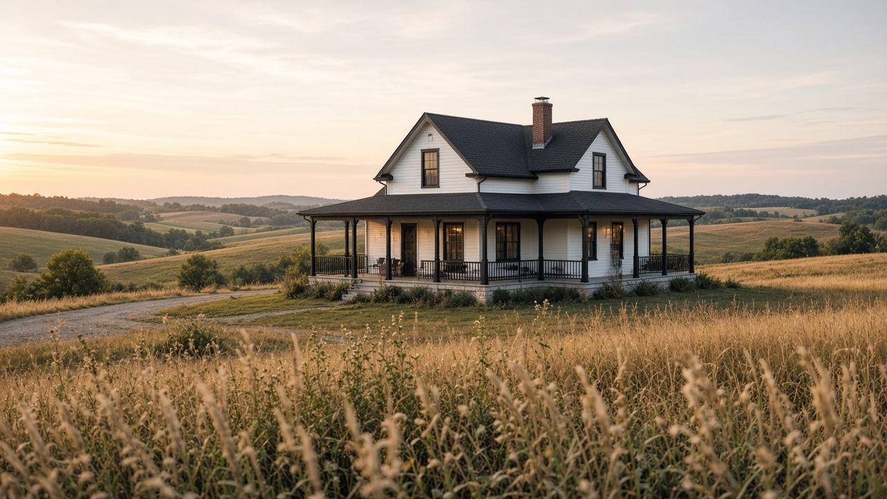 White two-story farmhouse with a wraparound porch on rolling acreage at sunset, tall golden grass in the foreground