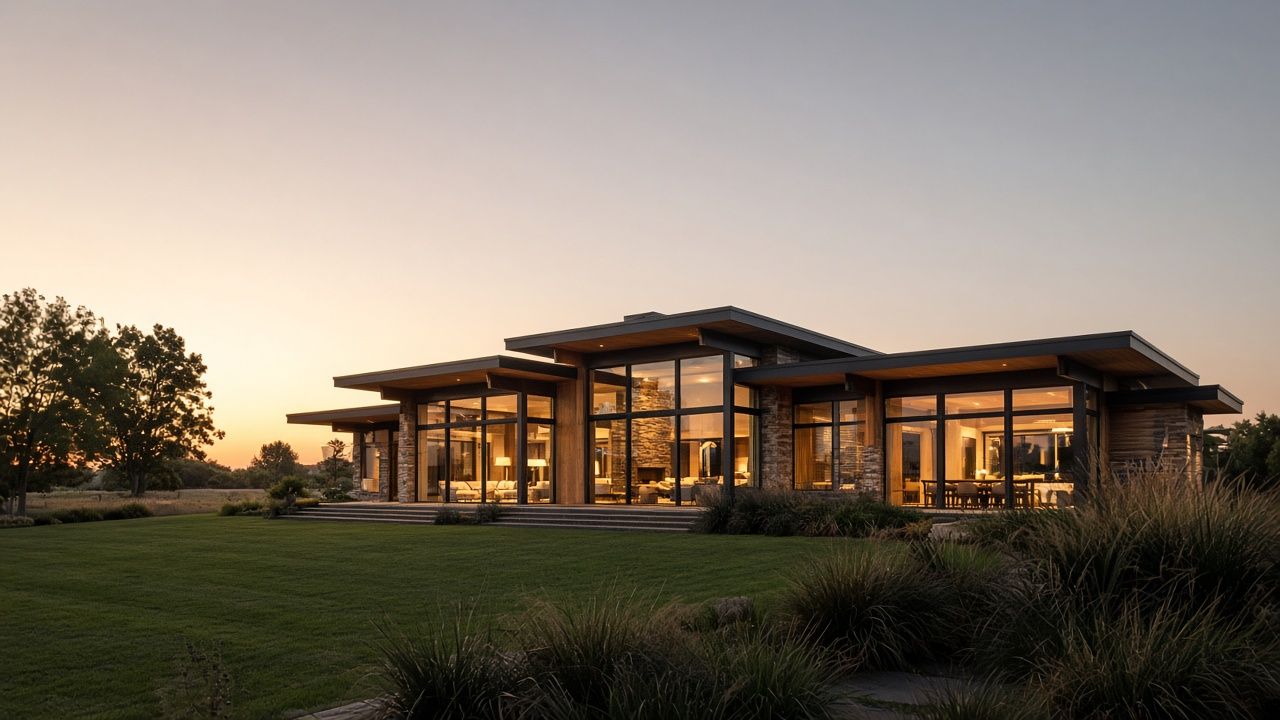 Single-story modern home at dusk with floor-to-ceiling windows glowing warm, stone columns, a wide lawn and ornamental grasses