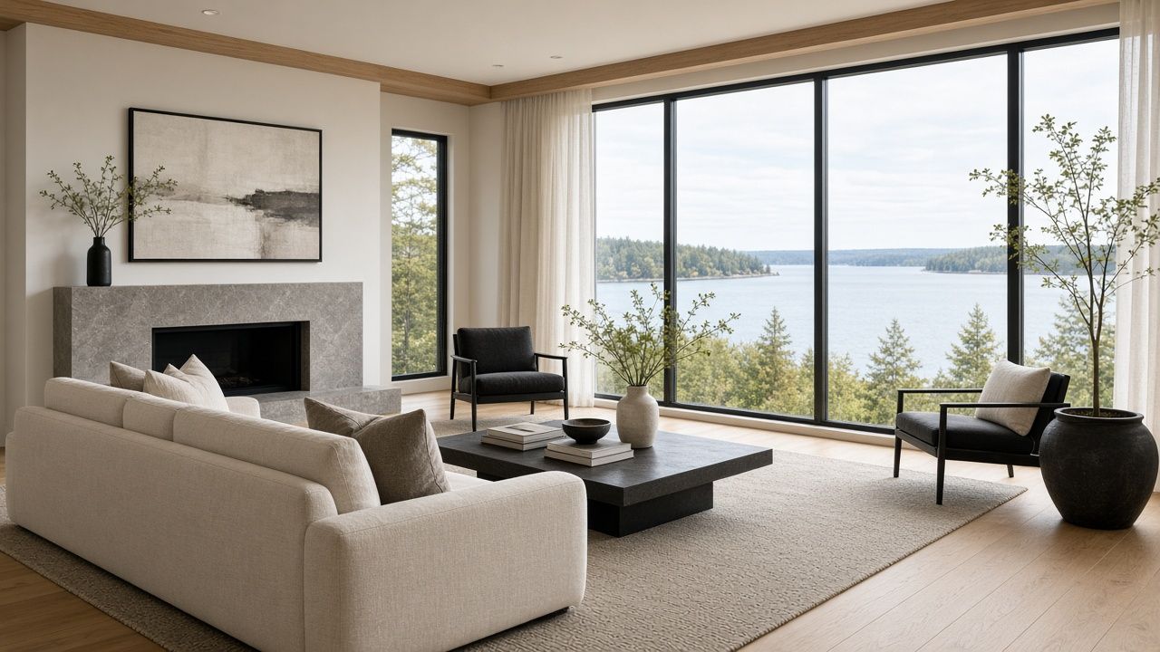 Bright living room with a linen sofa, stone fireplace and black-framed windows overlooking a forested lake