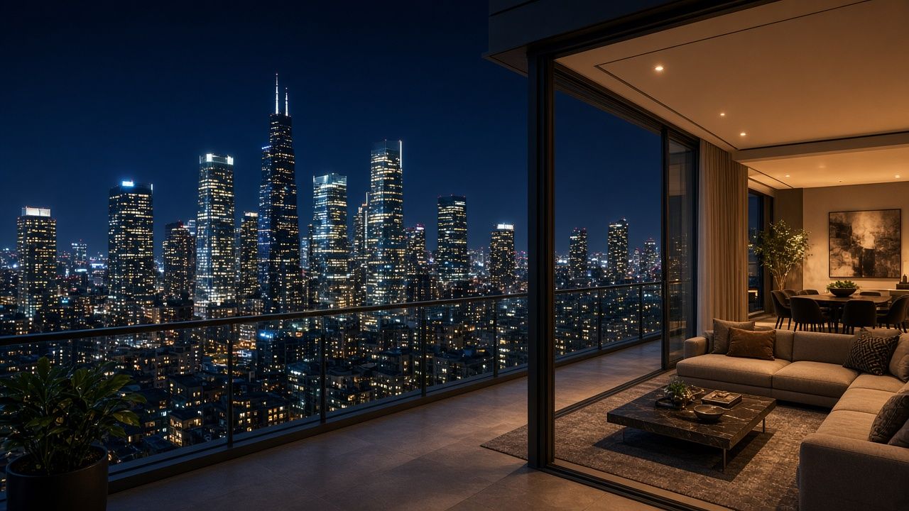 High-rise condo terrace at night with a glass railing, a warm living room and a lit city skyline beyond