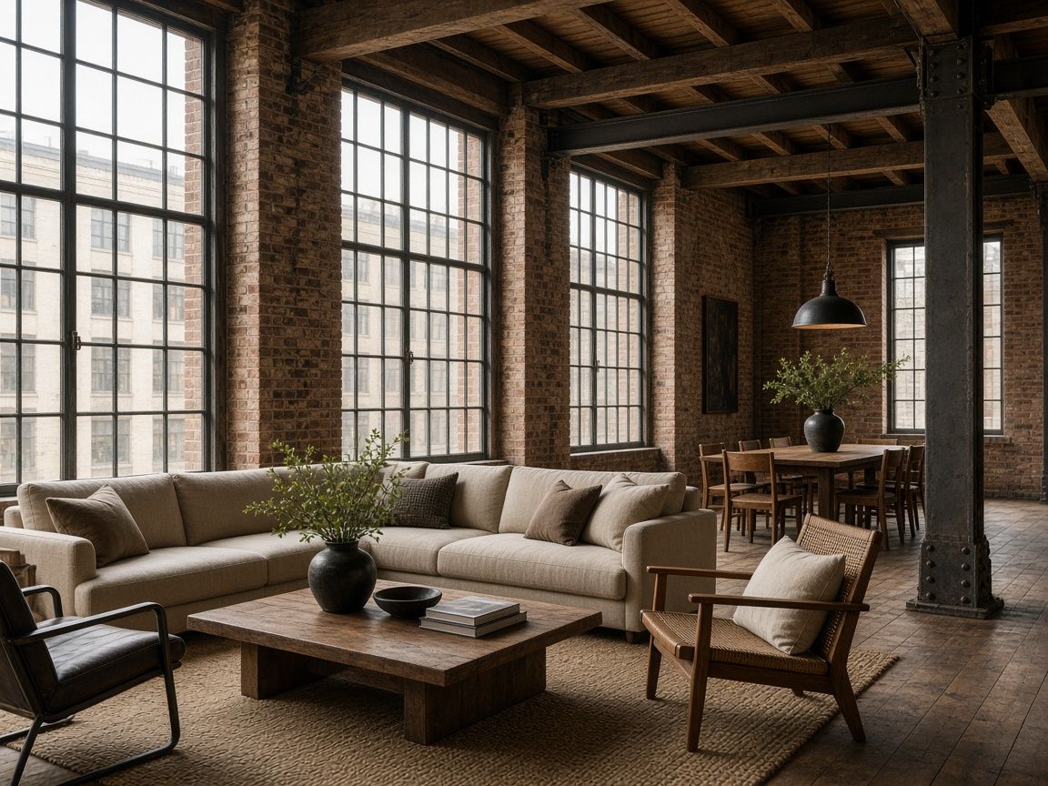 Converted warehouse loft with exposed brick, steel columns, timber beams, tall factory windows and a linen sectional