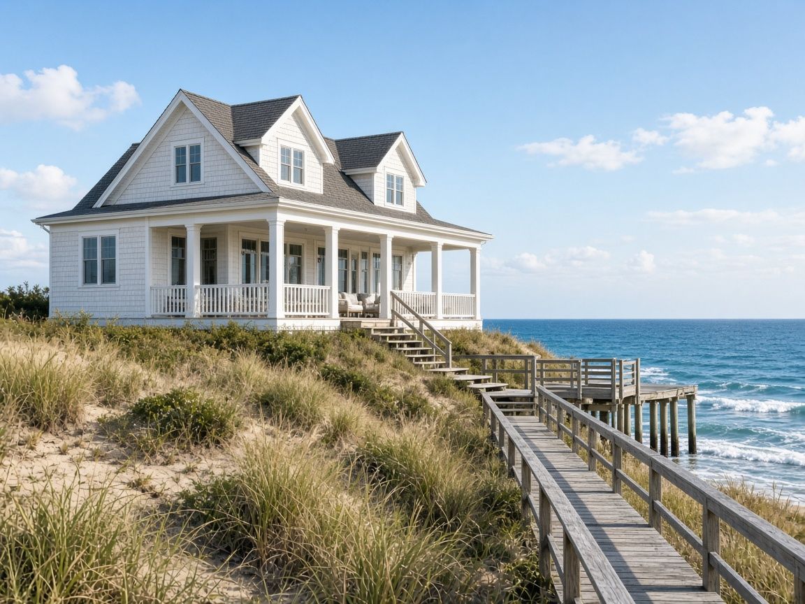 White shingle beach cottage with a covered porch on a grassy dune, a wooden boardwalk leading down to the ocean