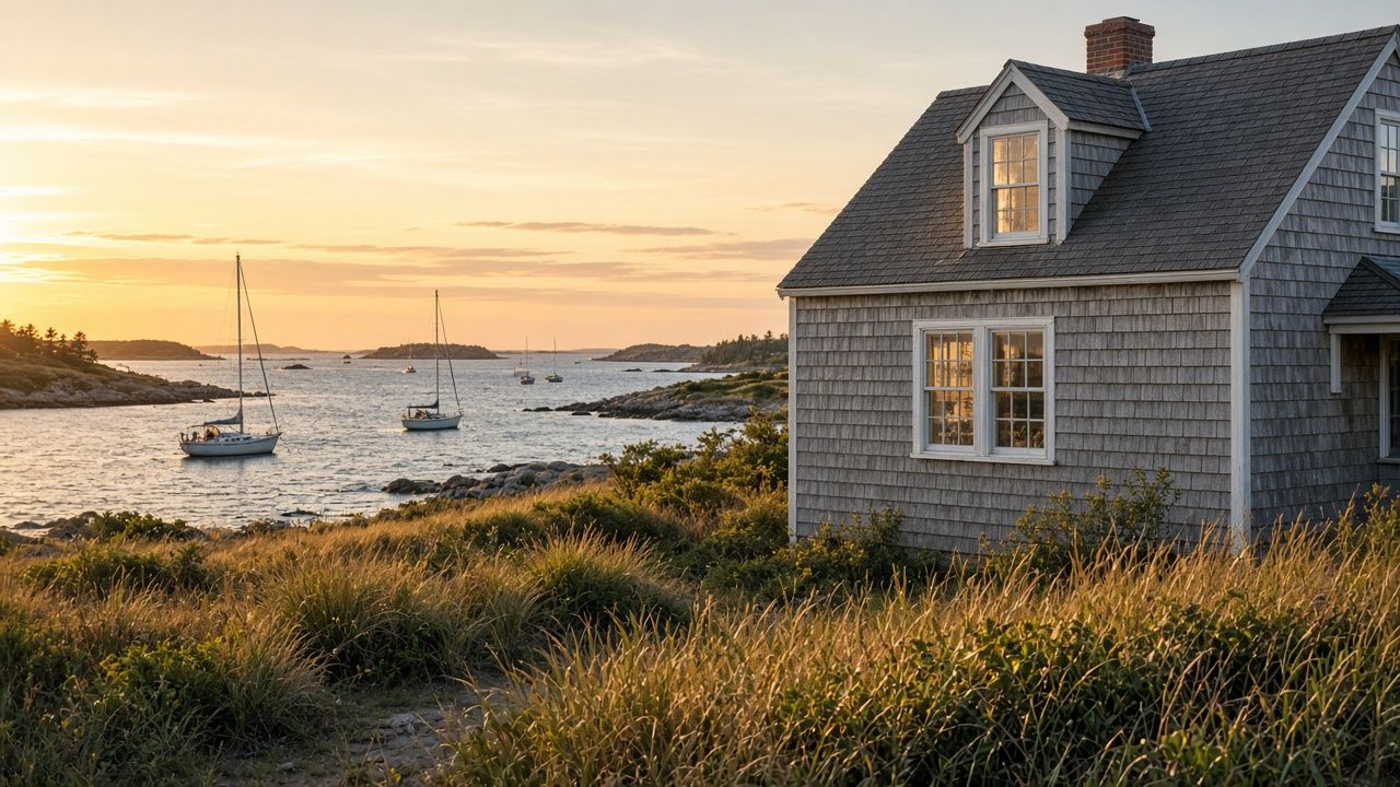 Gray shingled cottage in dune grass beside a calm harbor at sunset, sailboats moored offshore